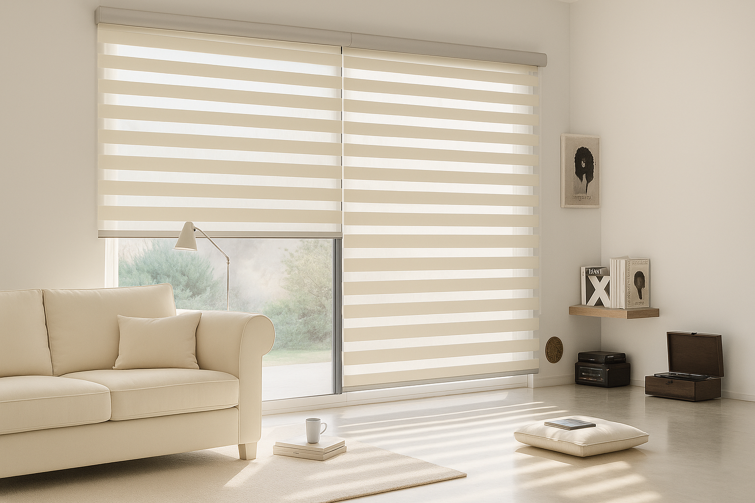 Cortina roller dúo, también conocida como cortina zebra, en ventana de sala de estar en Curicó